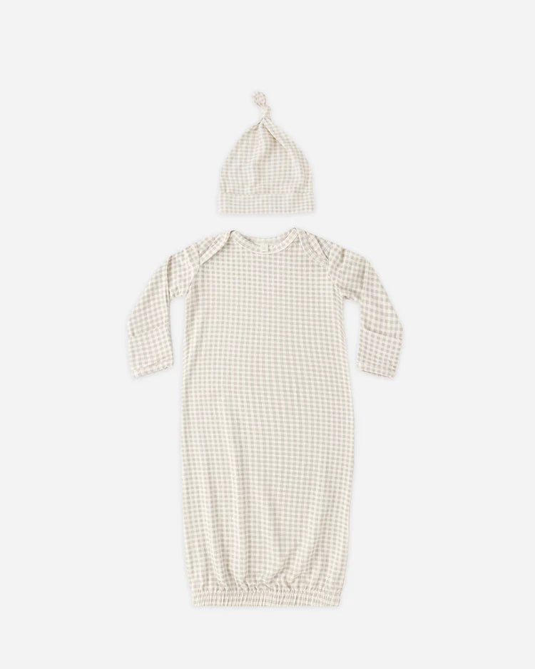 Bamboo Baby Gown + Hat Set | Oat Gingham | Quincy Mae