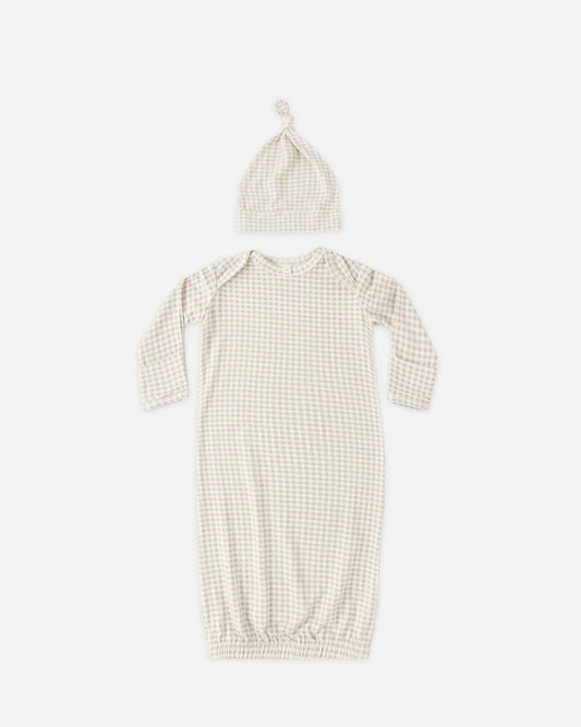Bamboo Baby Gown + Hat Set | Oat Gingham | Quincy Mae