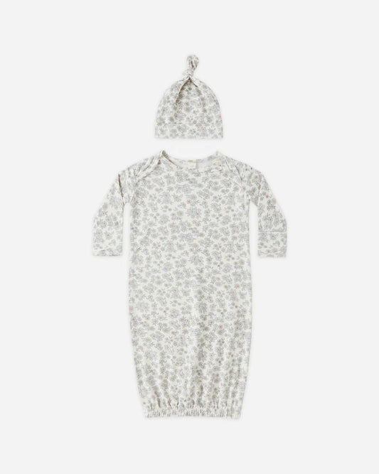 Bamboo Baby Gown + Hat Set | Blue floral | Quincy Mae