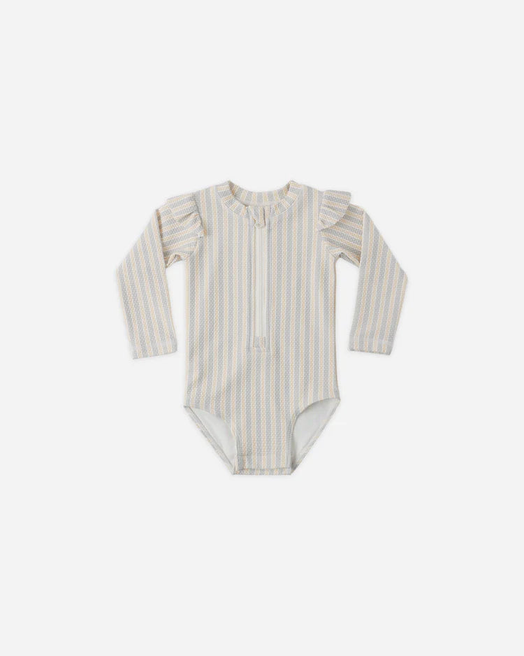Byron Rashguard One-Piece | Blue + Butterscotch Stripe | Quincy Mae