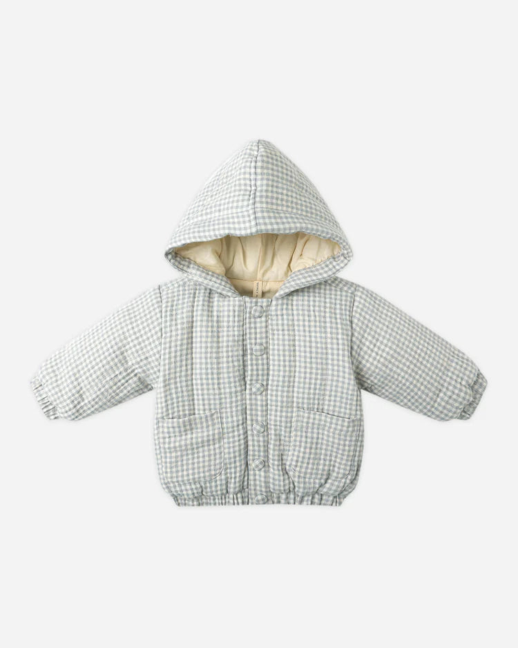 Hooded Woven Jacket| Blue Gingham | Quincy Mae
