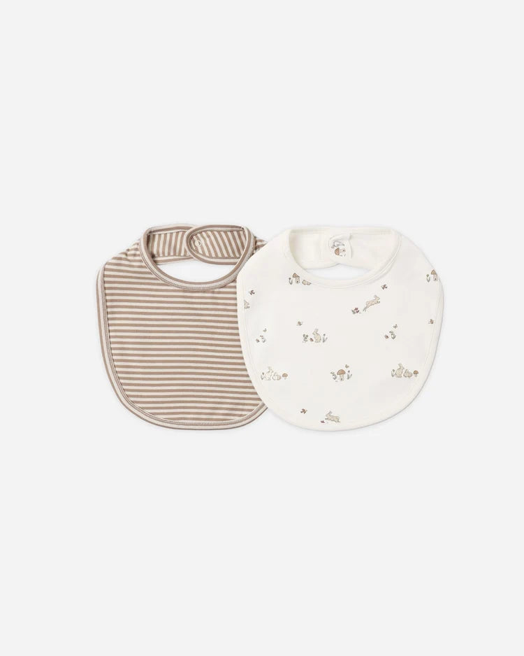 Jersey Snap Bib, 2 Pack | Bunnies, Almond Stripe | Quincy Mae