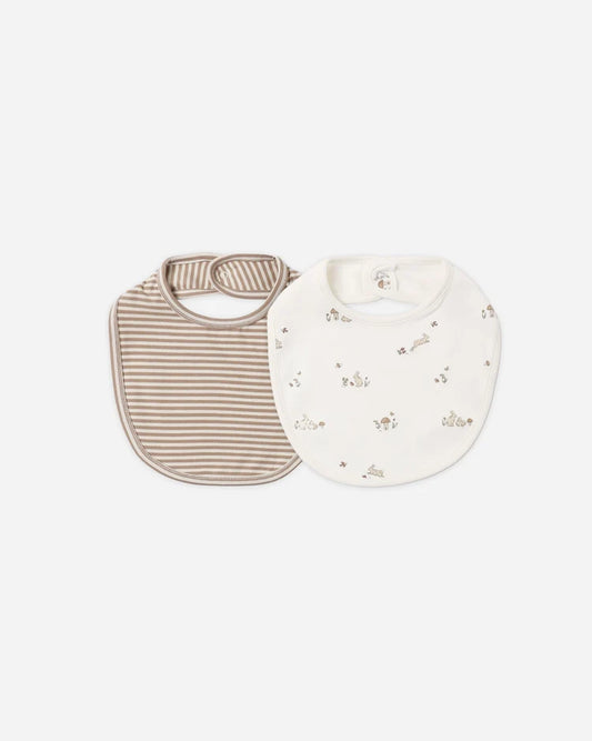 Jersey Snap Bib, 2 Pack | Bunnies, Almond Stripe | Quincy Mae