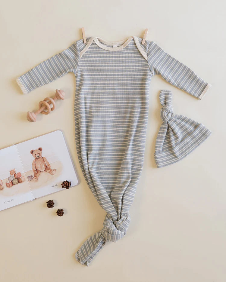 Knotted Baby Gown + Hat Set | Steel  Blue Micro Stripe | Quincy Mae