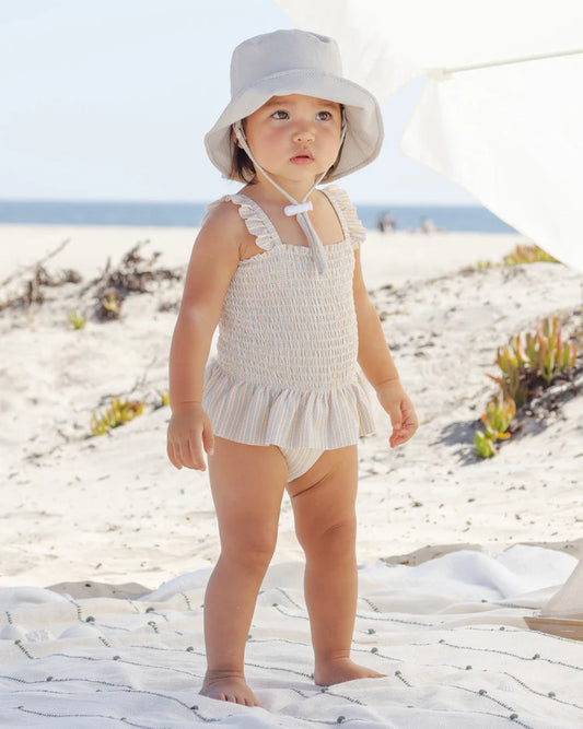 Smocked One-Piece Swimsuit | Blue + Butterscotch Stripe | Quincy Mae