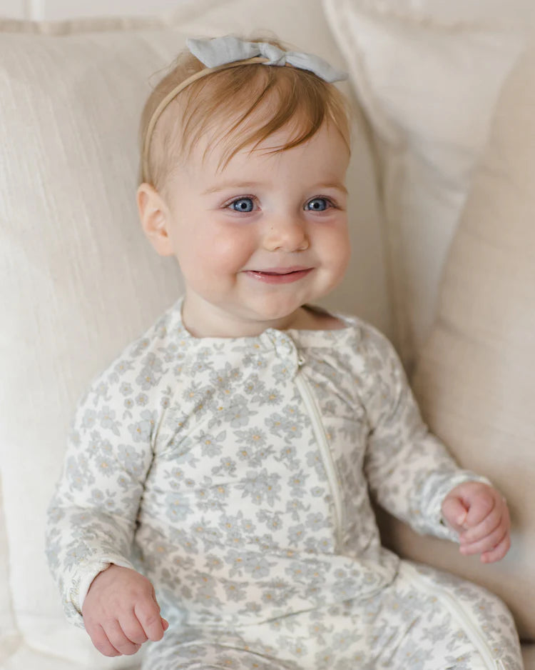 Bamboo Zip Footie | Blue Floral | Quincy Mae
