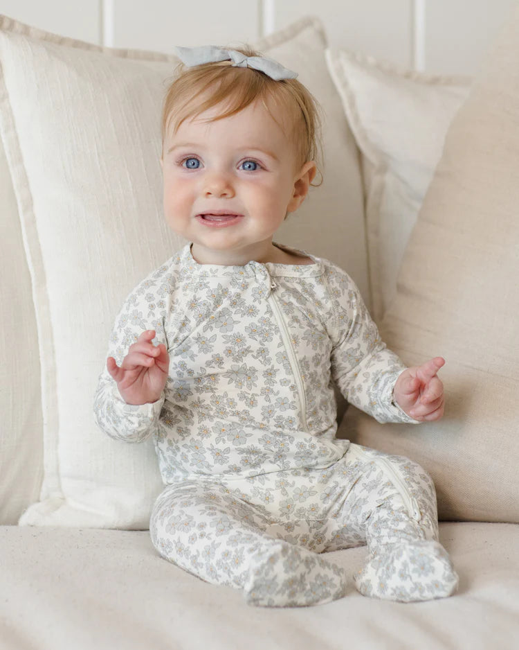 Bamboo Zip Footie | Blue Floral | Quincy Mae
