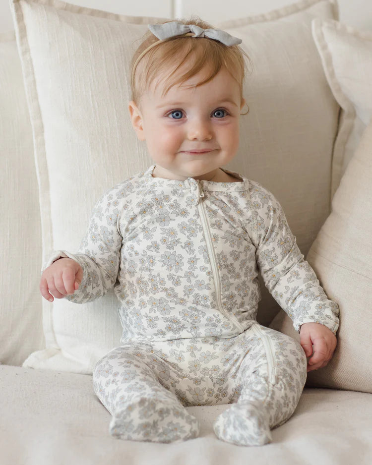 Bamboo Zip Footie | Blue Floral | Quincy Mae