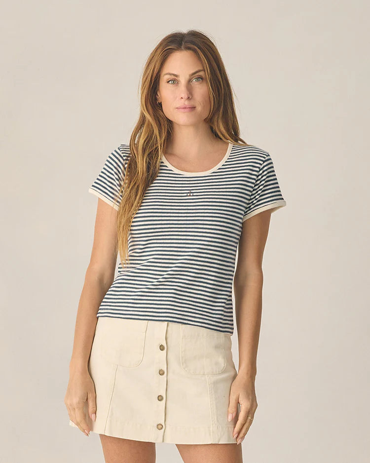 Ladies Pointelle Tee | Navy Stripe | Rylee & Cru
