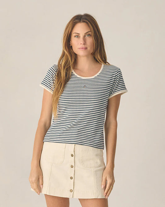Ladies Pointelle Tee | Navy Stripe | Rylee & Cru