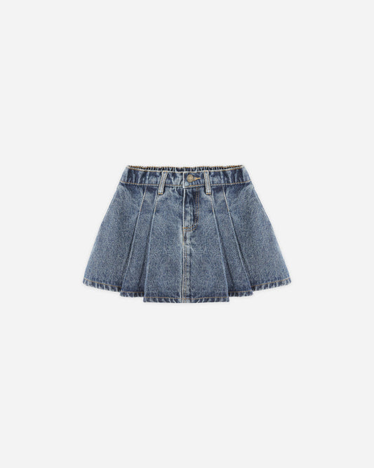 Pleated Denim Skirt | Indigo Denim | Rylee & Cru