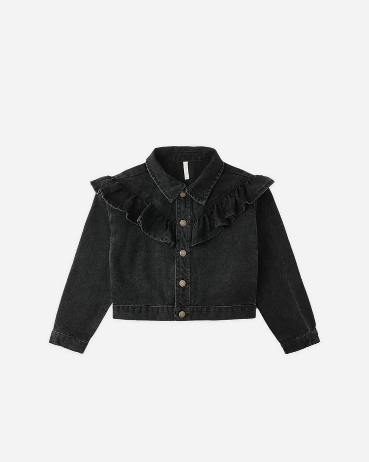 Ruffle Denim Jacket | Washed Black | Rylee & Cru