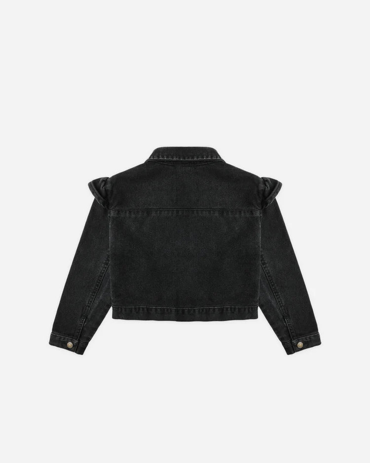 Ruffle Denim Jacket | Washed Black | Rylee & Cru