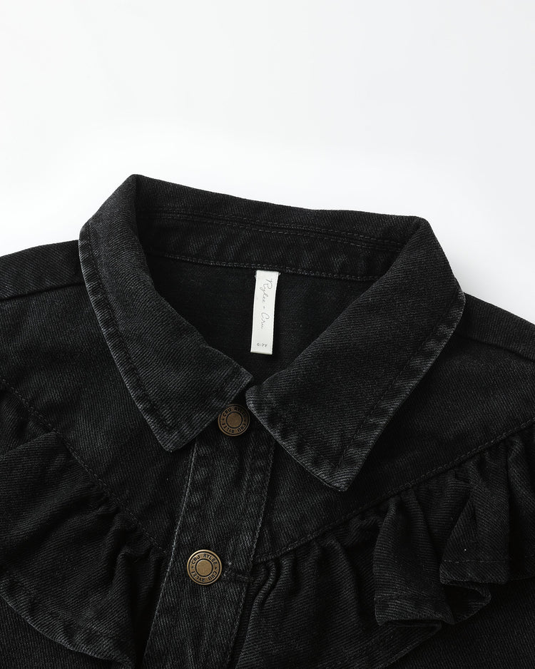 Ruffle Denim Jacket | Washed Black | Rylee & Cru