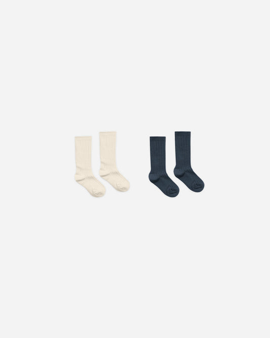 Ribbed Socks | Natural, Navy | Rylee & Cru