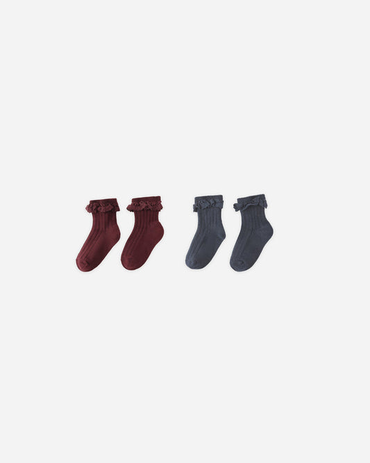 Lace Trim Socks, 2-pack | Burgundy, Navy | Rylee & Cru