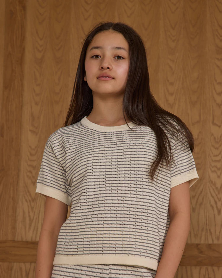 Boxy Crop Knit Tee | Dusty Blue Stripe | Rylee & Cru