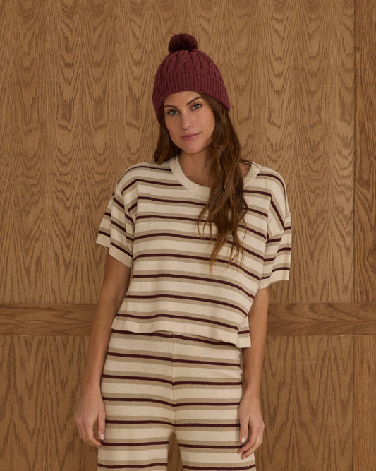 Boxy Crop Knit Tee | Burgundy Stripe | Rylee & Cru