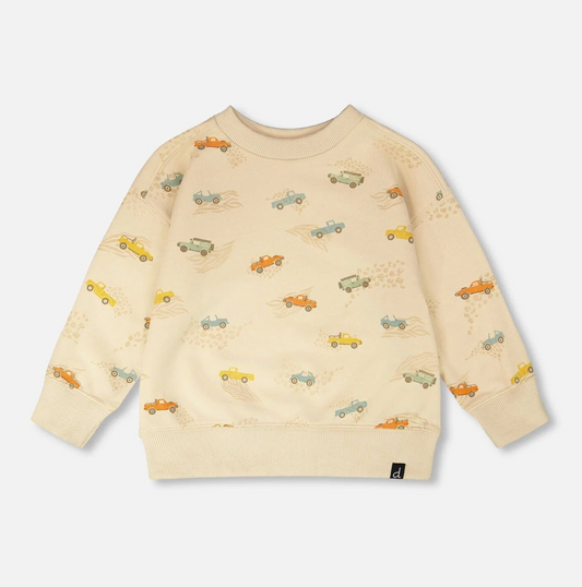 French Terry Sweatshirt | Jeep Print on Beige | Deux Par Deux