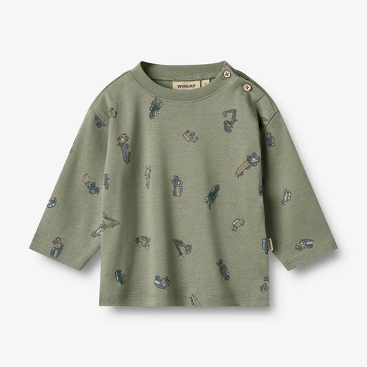 L/S Malthe T-Shirt | Dusty Green Cars | Wheat Kids