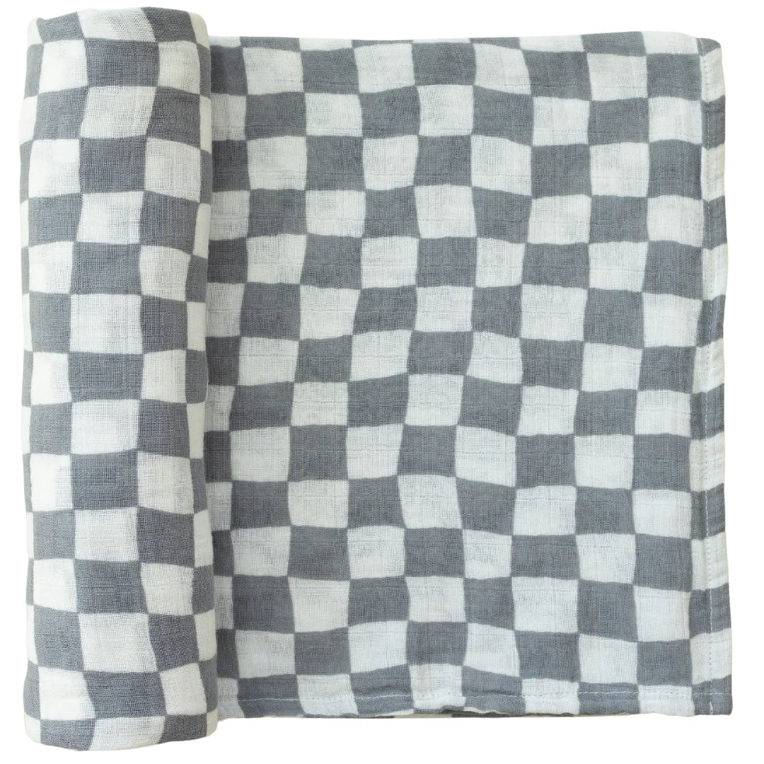 Dusty Blue Wavy Checkered Muslin Swaddle Blanket | Mebie Baby