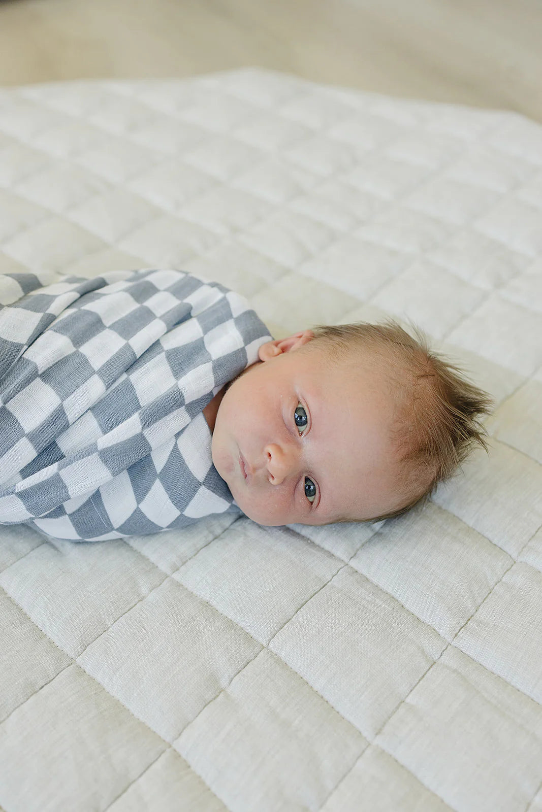 Dusty Blue Wavy Checkered Muslin Swaddle Blanket | Mebie Baby