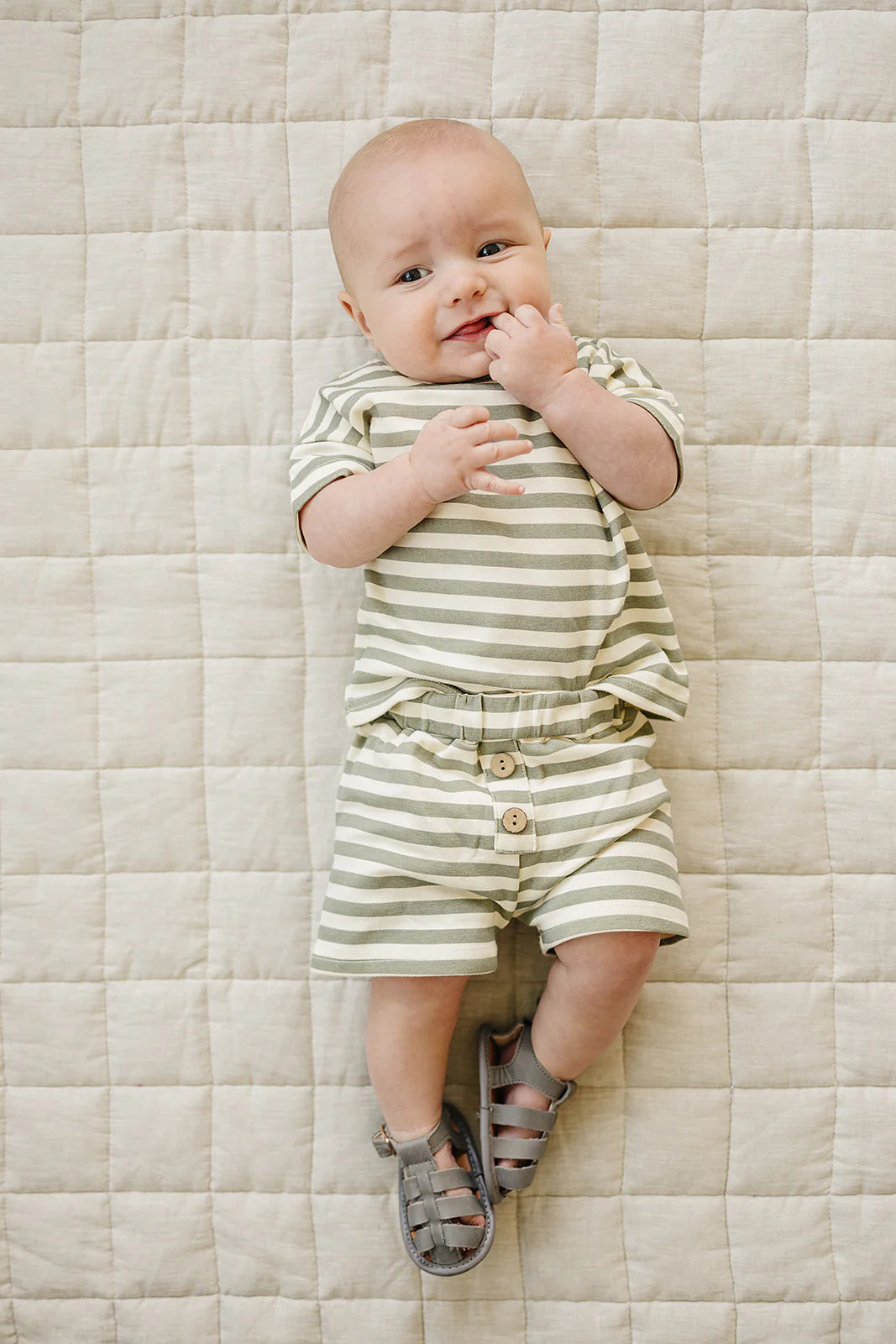 Sage Stripe Button Short Set | Mebie Baby