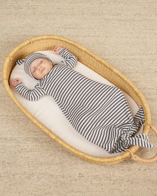 Knotted Baby Gown + Hat Set | Indigo Stripe | Quincy Mae