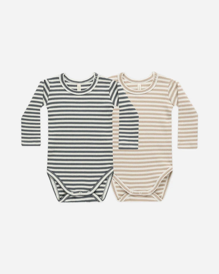 Ribbed Bodysuit, 2 Pack | Indigo Stripe, Latte Stripe | Quincy Mae