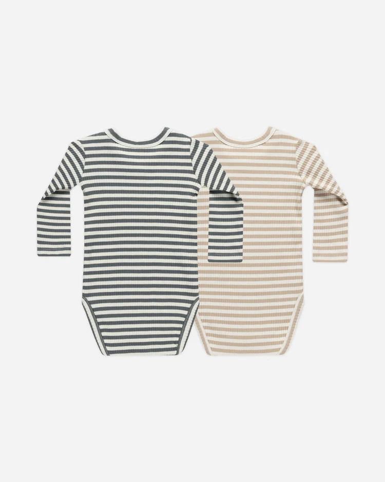 Ribbed Bodysuit, 2 Pack | Indigo Stripe, Latte Stripe | Quincy Mae