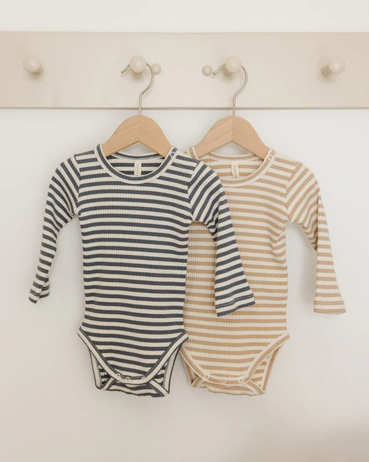 Ribbed Bodysuit, 2 Pack | Indigo Stripe, Latte Stripe | Quincy Mae