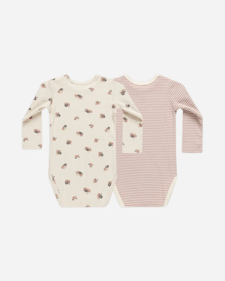 Ribbed Bodysuit, 2 Pack | Wild Flowers, Mauve Stripe | Quincy Mae