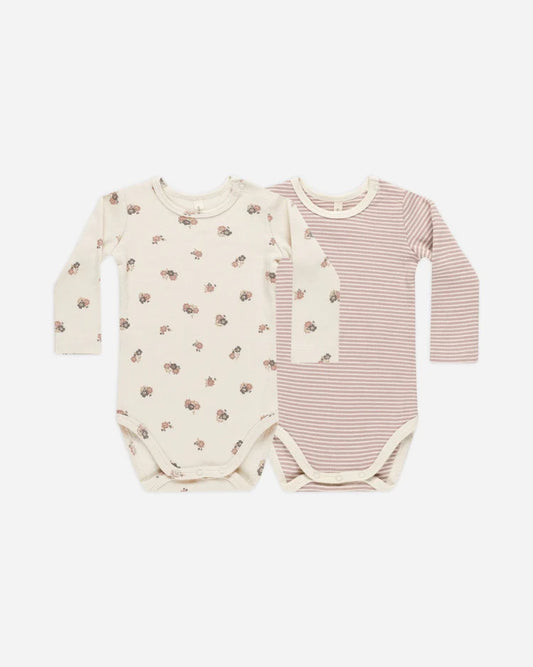 Ribbed Bodysuit, 2 Pack | Wild Flowers, Mauve Stripe | Quincy Mae