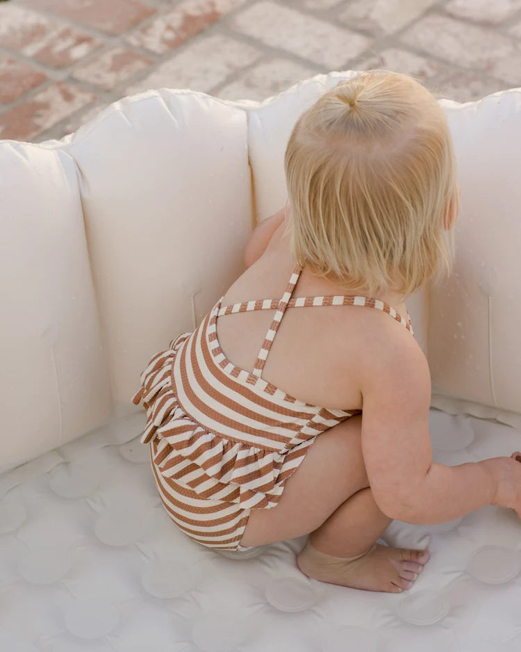 Ruffled One-Piece Swimsuit | Quincy Mae | Clay Stripe