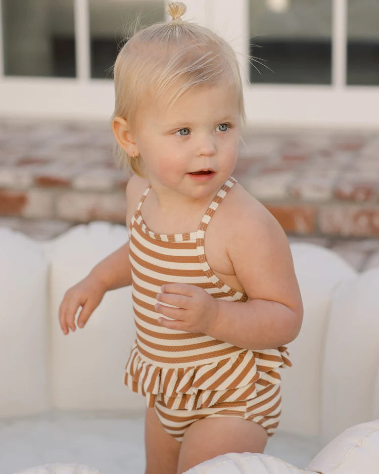 Ruffled One-Piece Swimsuit | Quincy Mae | Clay Stripe