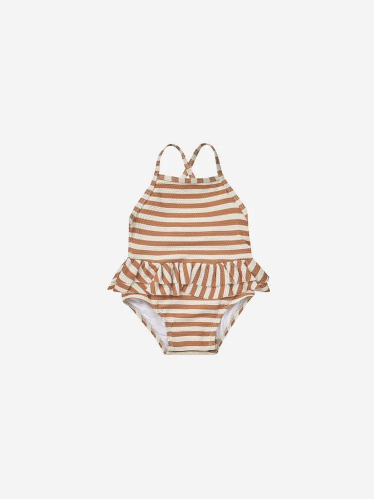 Ruffled One-Piece Swimsuit | Quincy Mae | Clay Stripe