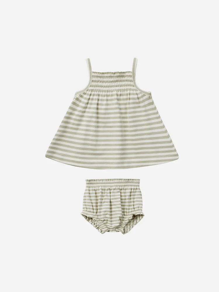 Smocked Tank + Bloomer Set | Quincy Mae | Sage Stripe